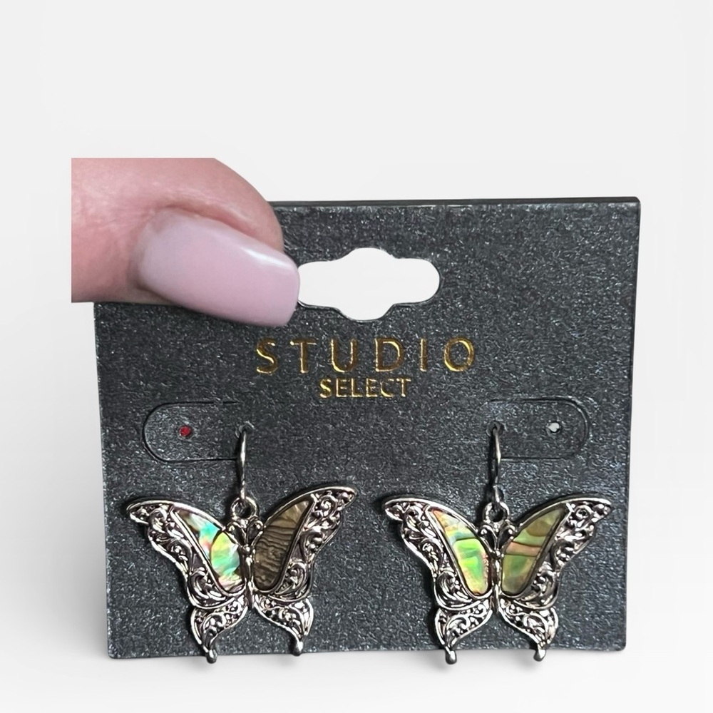 Silver Butterfly Earrings with Abalone Stone Accents - Picture 3 of 5